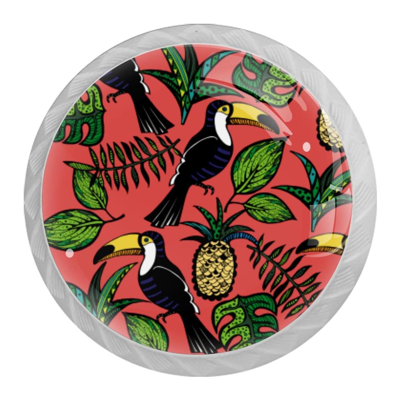 Tqmspg 4 Pieces Drawer Pulls Toucan Birds Tropical Leaf Door Knobs Dresser Handles for Kitchen Wardrobe Cupboard Hardware Furniture