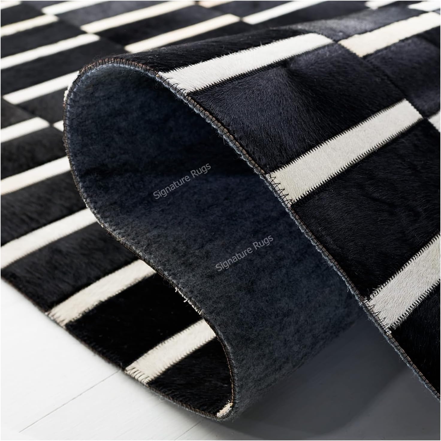 Handmade Premium Cowhide Leather Carpet, Black and White Color, Modern Geometric Pattern Rug (8x10)