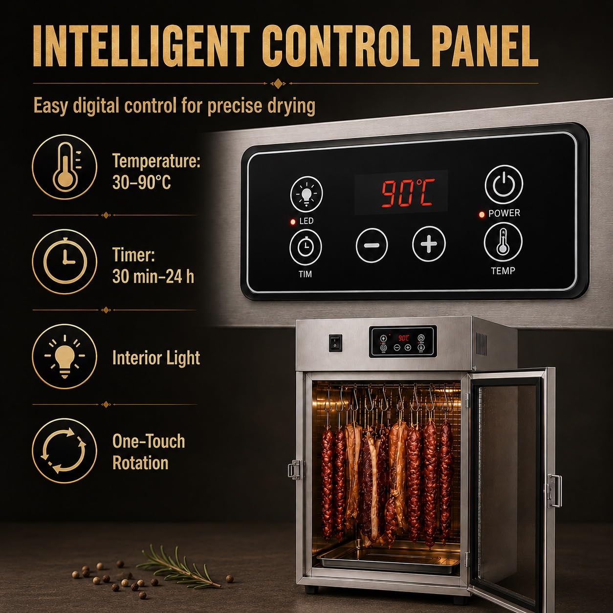 Dry Ager, 360° Drehbarer Fleischtrockner Mit LED-Steuerung Und 14 Haken | 0-90°C-Einstellung, 7,5 kg Fassungsvermögen, Edelstahl, for Pökeln von Wurst, Speck und Hühnchen