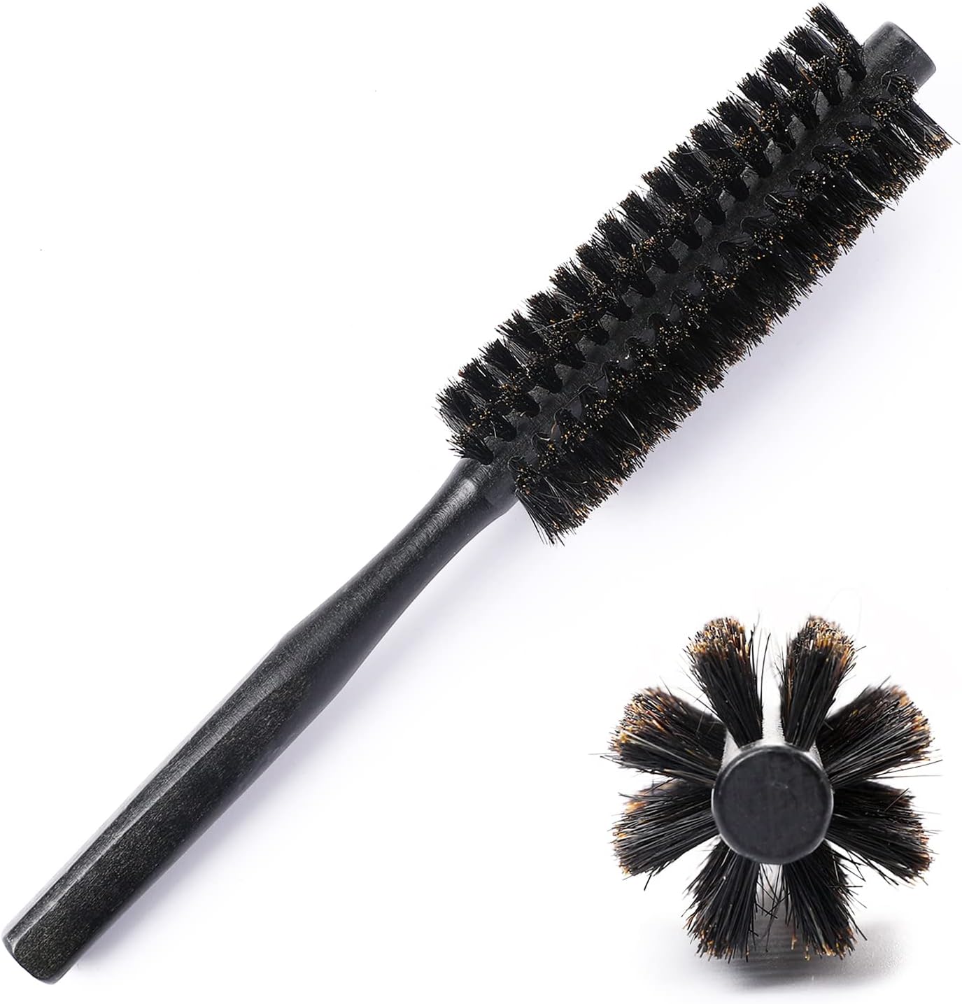 Boar Bristle Round Brush, Small Travel Brush with Natural Wooden Handle for Short Fine Hair & Beard (Black)