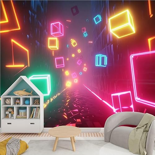 Miniatura 3 de Murales modernos para papel tapiz 3D de los años 80, neón, retro, Synthwave, 3D, laberinto, cubos, formas geométricas, despegar y pegar,