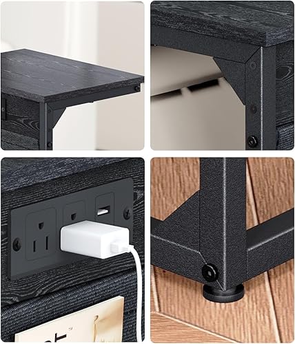 Miniatura 7 de Juego de 2 mesas auxiliares en forma de C, mesa auxiliar pequeña para sofá con estación de carga, mesa de sofá con bolsa de almacenamiento para sala