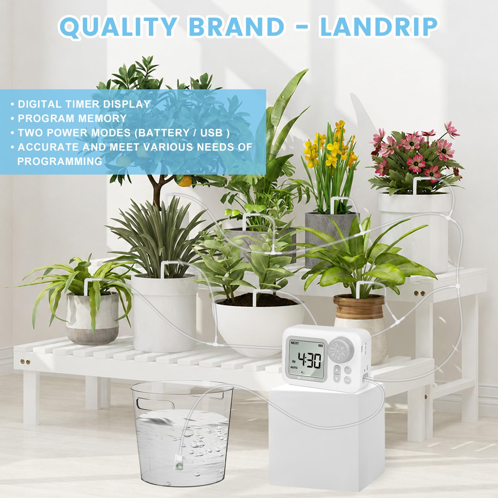 Landrip Sistema de Riego Automático, Riego Automatico Macetas para 15 Plantas en Maceta, Kit de Riego por Goteo Automático Recargable para Plantas de Interior, Balcón, Riego de Vacaciones