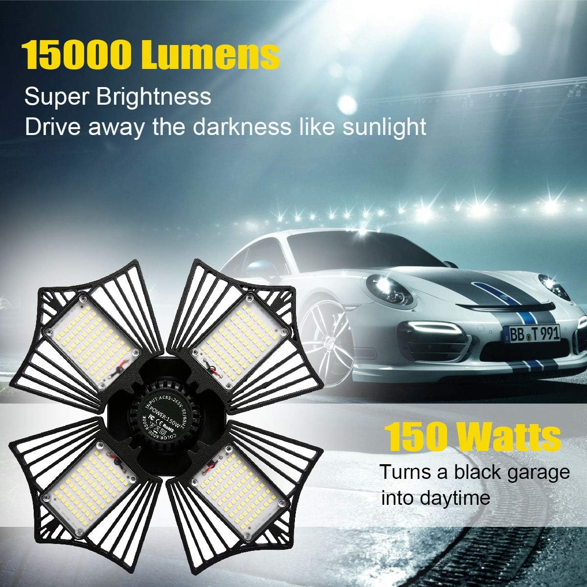 Crazy Clearance LED Garage Light, 150W Garage Lighting, 15000LM 6000K Daylight High Bay Deformable LED Garage Ceiling Lights with 4 Adjustable Leaf, LED Shop Lights for Garage Basement Workshop Super Sale 🛒 LED Garage Light, 150W Garage Lighting, 15000LM 6000K Daylight High Bay Deformable LED Garage Ceiling Lights with 4 Adjustable Leaf, LED Shop Lights for Garage Basement Workshop