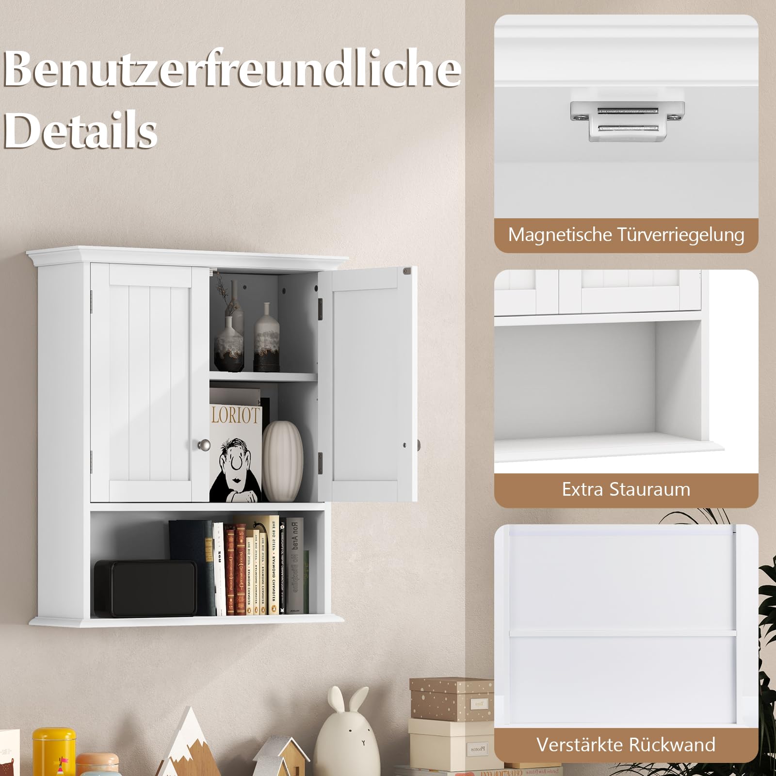 GOPLUS Hängeschrank Bad, Badschrank Holz mit verstellbarem Regal, Wandschrank hängend, Badezimmerschrank Küchenschrank, 60×19×71cm (Weiß)