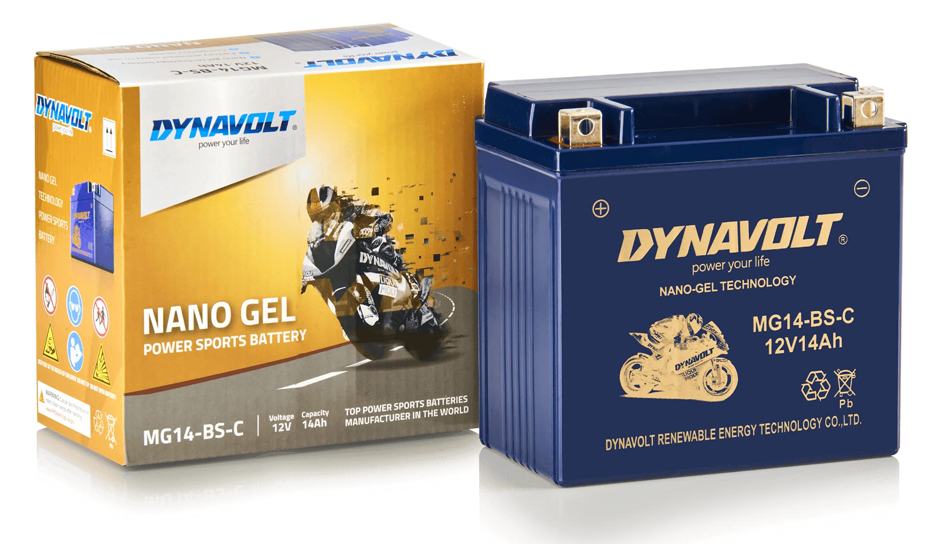 Batería de moto Dynavolt NANO-GEL MG14-BS-C 12V 14Ah 315A, reemplaza YTX14-BS, Dimensiones: 150x86x145mm, Batería de moto de gel sin mantenimiento y a prueba de fugas