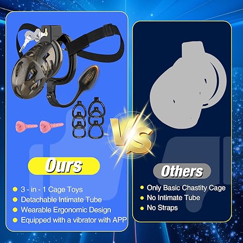 Miniatura 6 de Jaula de castidad masculina  Jaula de pene suave y ligera con 6 tamaños de anillos, correa negra, vibrador controlado por aplicación, cómodo