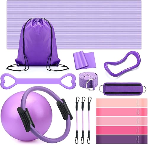 Juego de 18 anillos de pilates esenciales para mujer, anillo de pilates y pelota de resistencia al tobillo, correa de yoga, calcetines, esterilla,