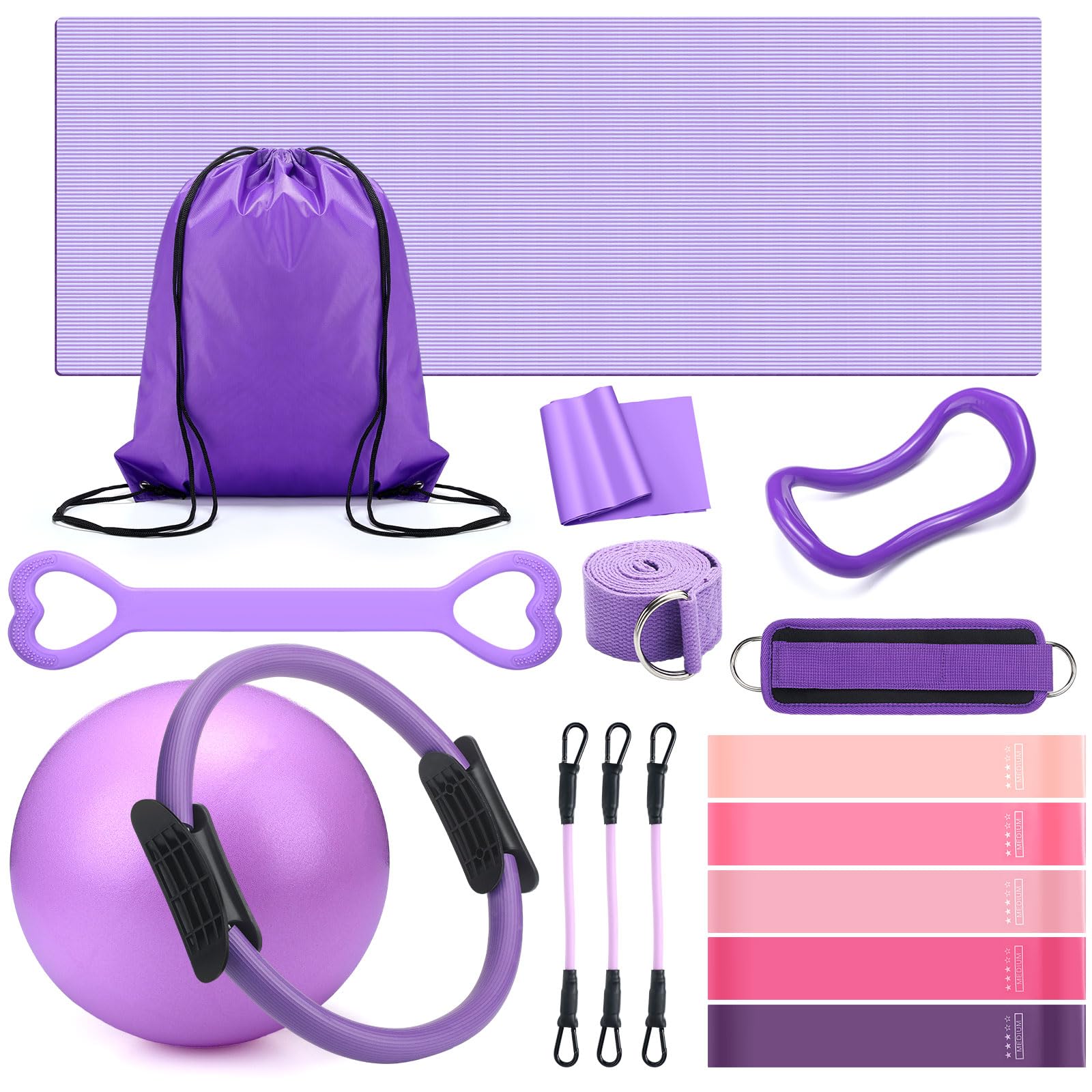 RoundFunny Set of 18 Pilates Ring Essential Kit for Women Pilates Ring and Ball Ankle Resistance Band Yoga Strap Socks Mat Arm Stretcher Latex Tube Gym Back Bag Exercise Equipment for Workout (Purple)