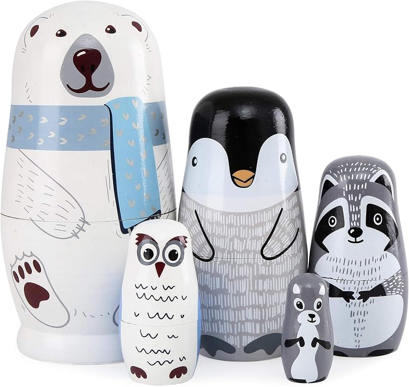 Bgraamiens Nesting Dolls Russian Matryoshka Wood Stacking Dolls for Kids Handmade Toys (Polar Family)