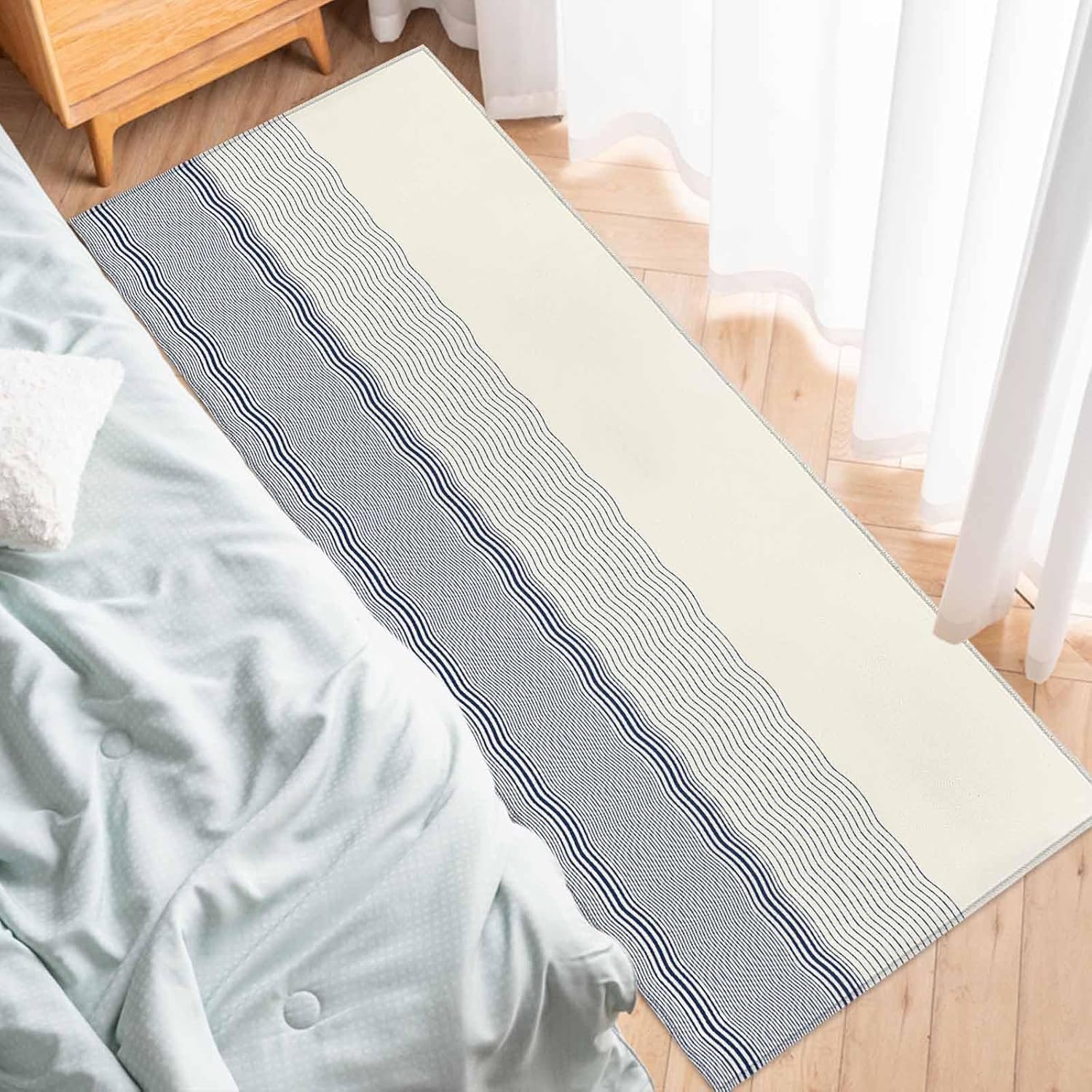 Teamery Kitchen Mats for Floor Blue White Stripes Modern Ocean Geometric Washable Non Slip Kitchen Rugs 1PCS, Simple Striped Absorbent Standing Mats for Sink Bathroom Office Living Room 15.7x47.2in