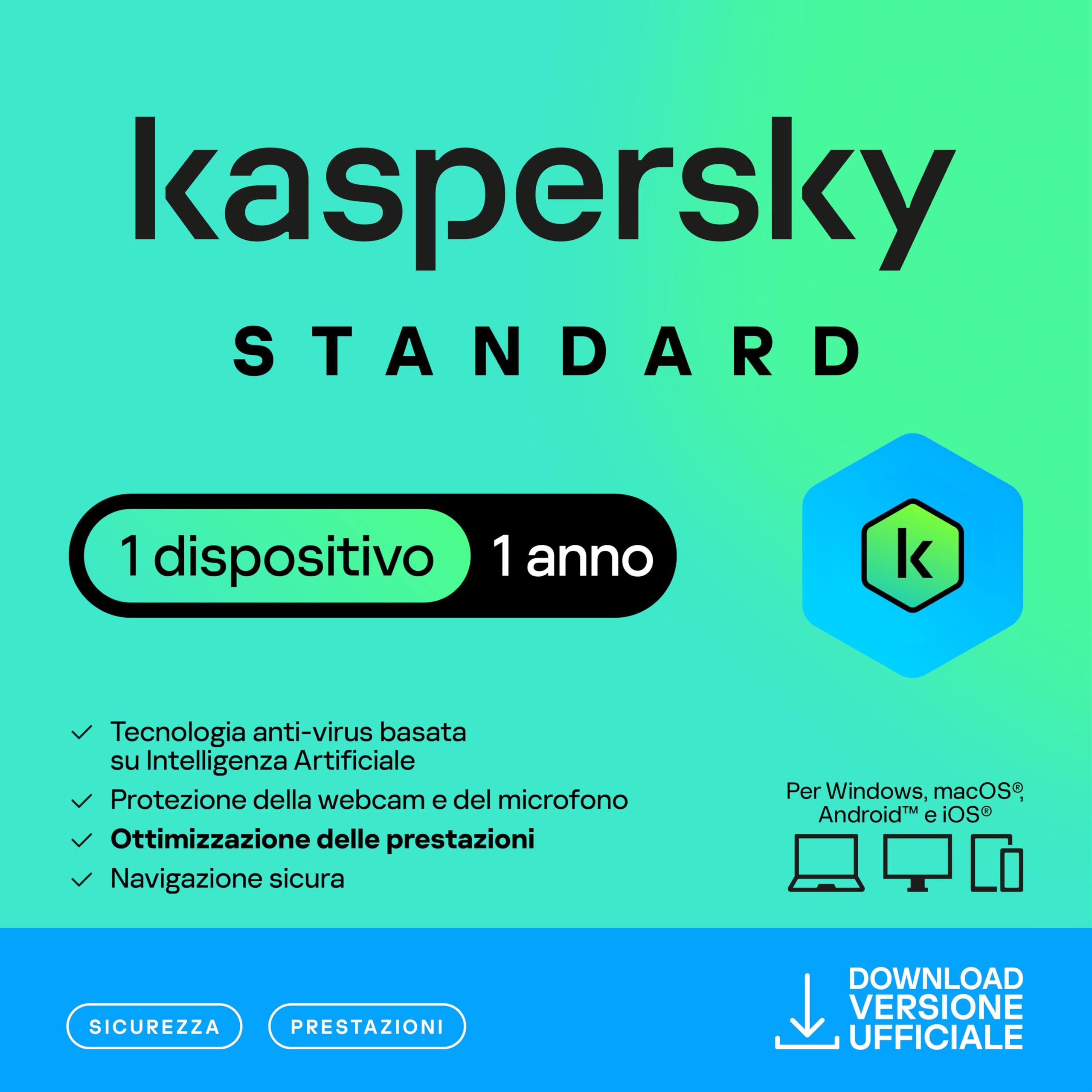 Kaspersky Standard Anti-Virus 2026 | 1 dispositivo | 1 anno | Sicurezza avanzata | Protezione delle operazioni bancarie online | Ottimizzazione delle prestazioni | PC/Mac/mobili | Attivazione e-mail