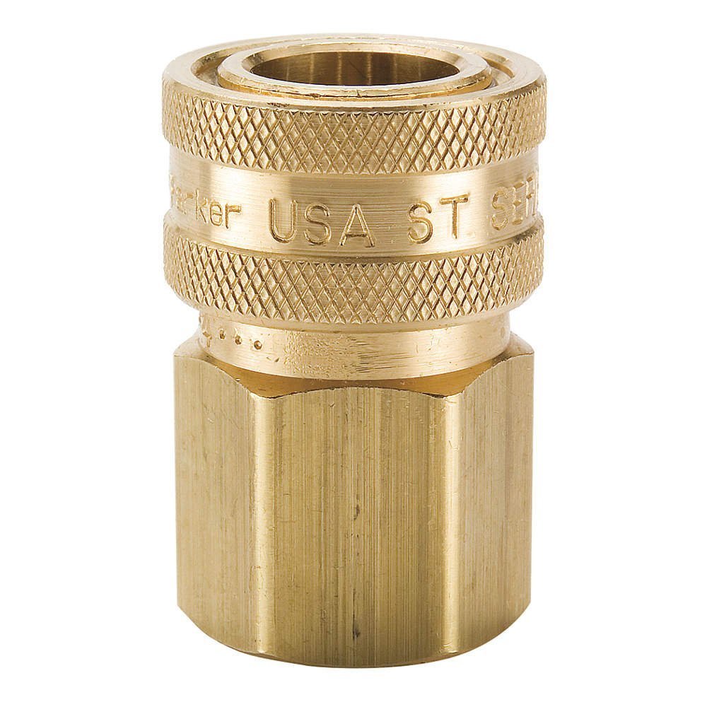 Parker Hannifin BST-2 Series ST Brass High Flow Quick Coupler with Female Pipe Thread, Straight-Through Interface, Non-Valve, Manual Sleeve, 1/4" Body Size, 1/4"-18 NPTF Port End, 1.54" Length
