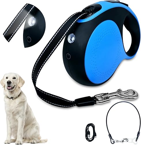 Correa retráctil para perro con cable a prueba de mordeduras y linterna LED, correa resistente de 16 pies, adecuada para perros pequeñosmedianos que