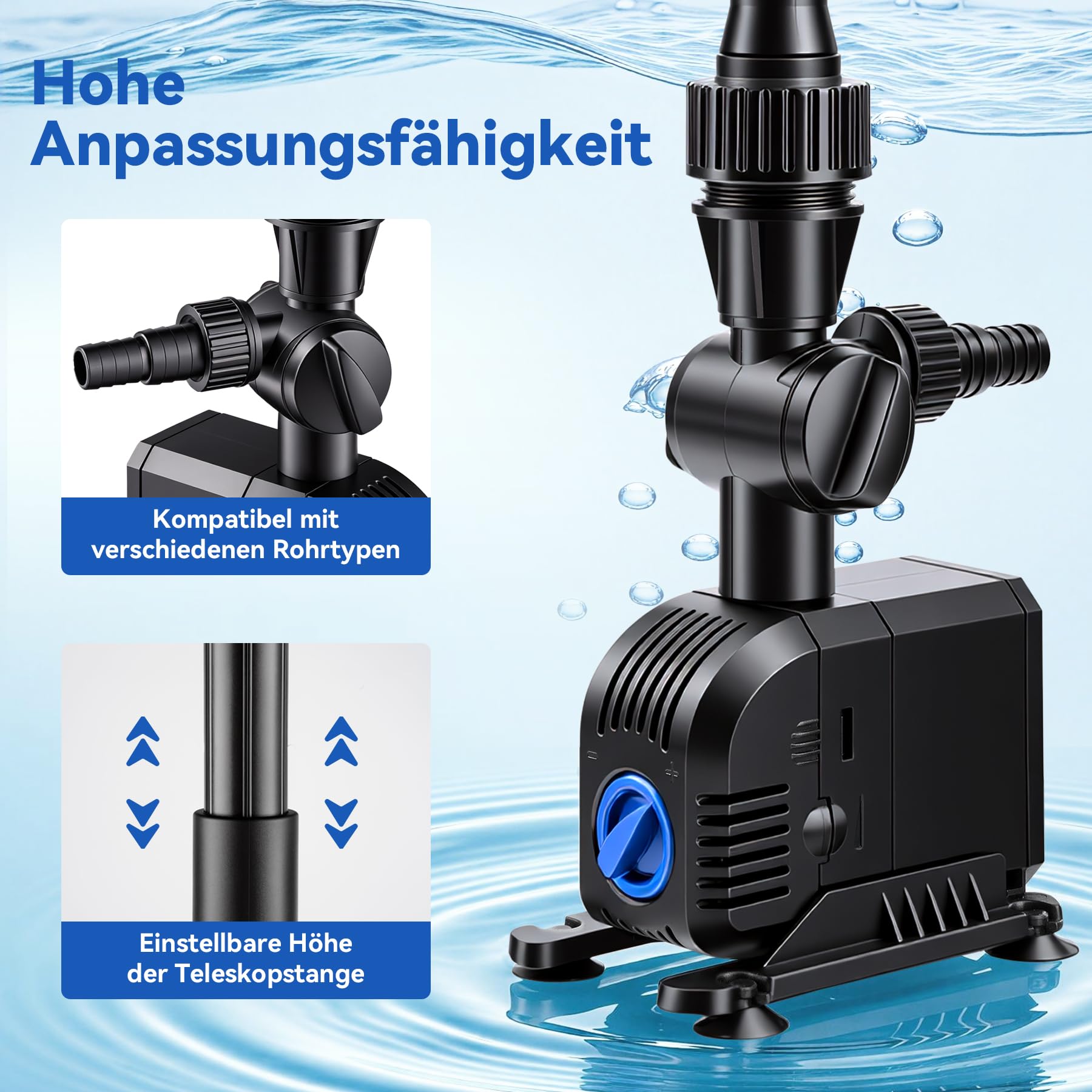 Springbrunnenpumpe 900L/H mit 7m Netzkabel, 20W Wasserspielpumpe für außen Teichpumpe 3 Düsenim Lieferumfang enthalten in Teich Garten Brunnen Fischbecken Hydrokultur