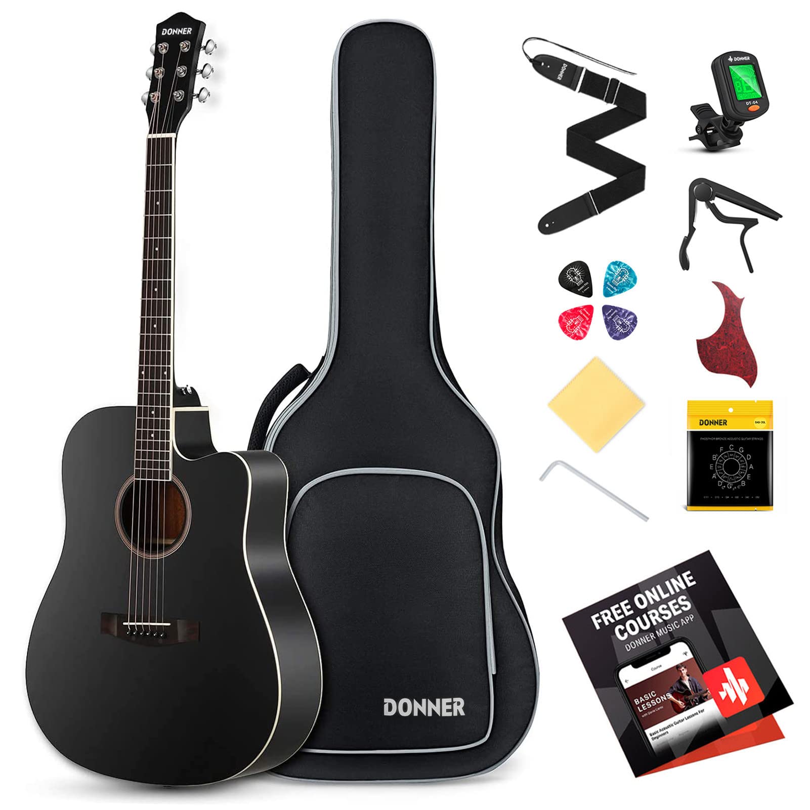 Donner Black Acoustic Guitar for Beginner Adult Full Size Cutaway Acustica Guitarra Bundle Kit