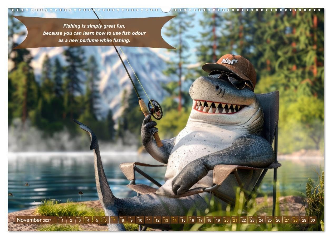 Funny charming animals as fishermen (Wall Calendar 2027 DIN A2 landscape), CALVENDO 12 Month Wall Calendar: Funny animals sit in fishing outfits at a lake fishing, accompanied by humorous sayings