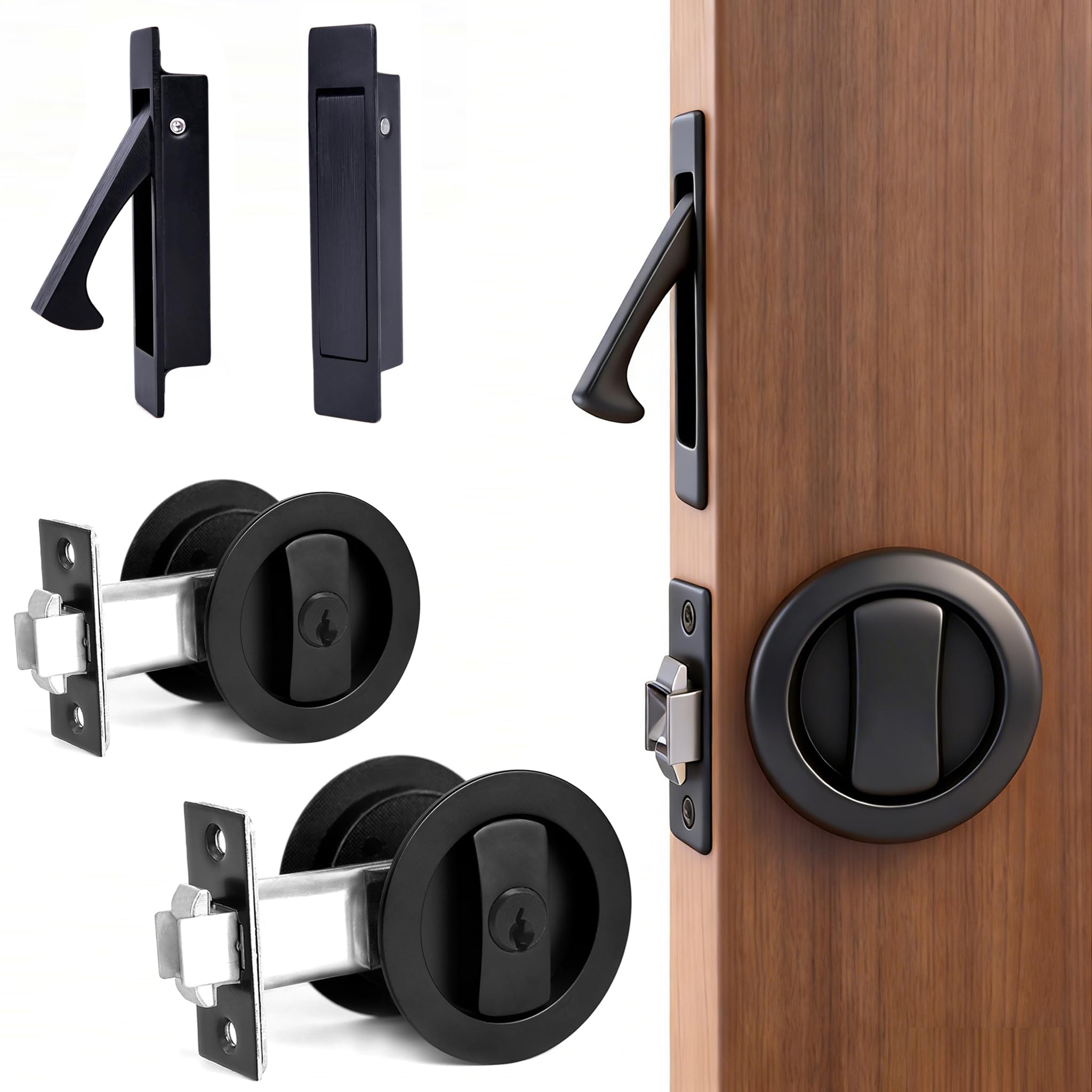 Dontay Pocket Door Key Lock with Edge Pull Handle,1 3/8" Backset,Stainless Steel Recessed 2 Sided,Hardware for 1 3/8" to 2 3/16" Sliding Door&Bathroom Doors (Matte Black, Round - 2 Set)