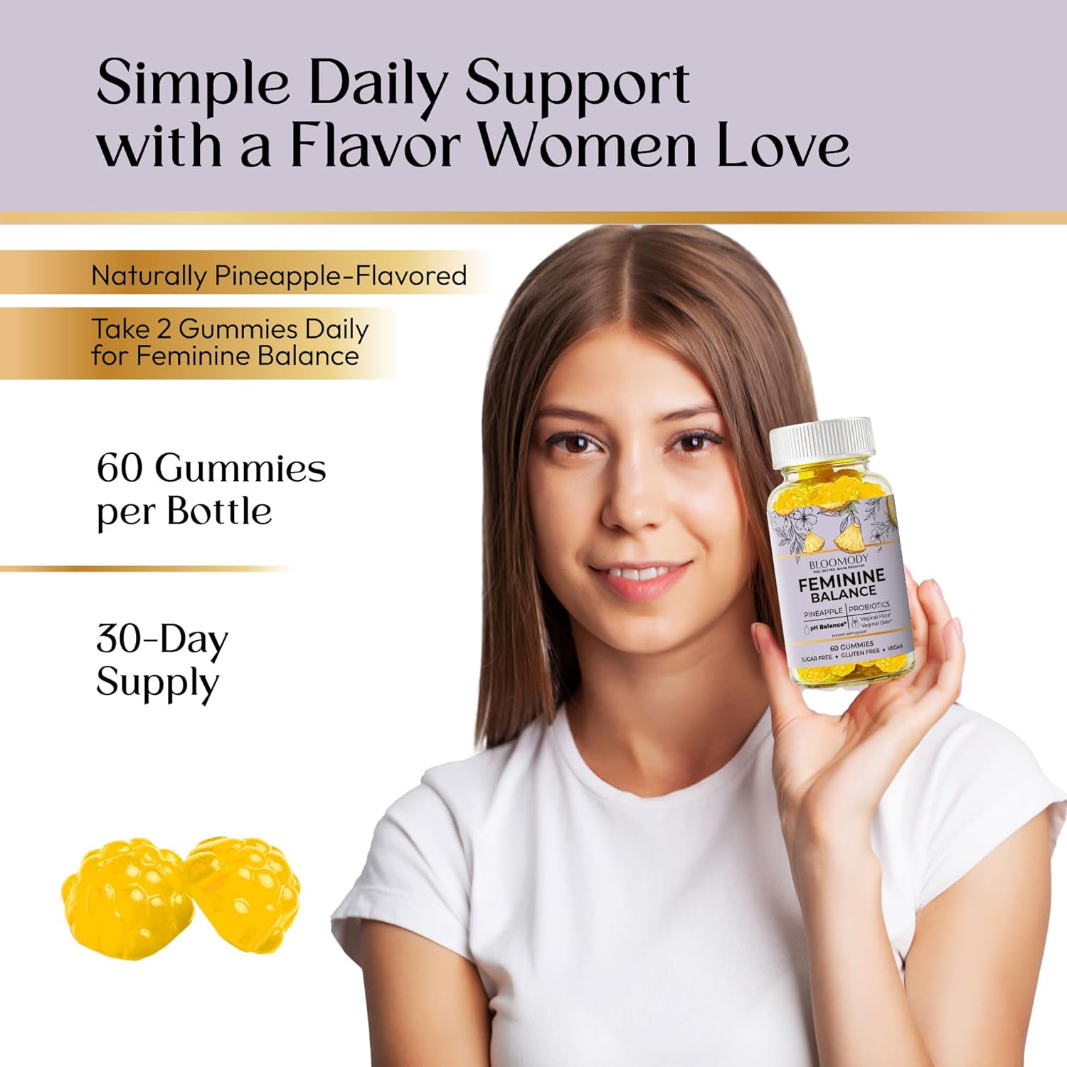 Probiotic Feminine Balance Gummies for Women - pH Balance & Vaginal Health Supplement with Cranberry Vitamin C - Natural Pineapple pH Balancing Gummy for Healthy Odor Hygiene Support