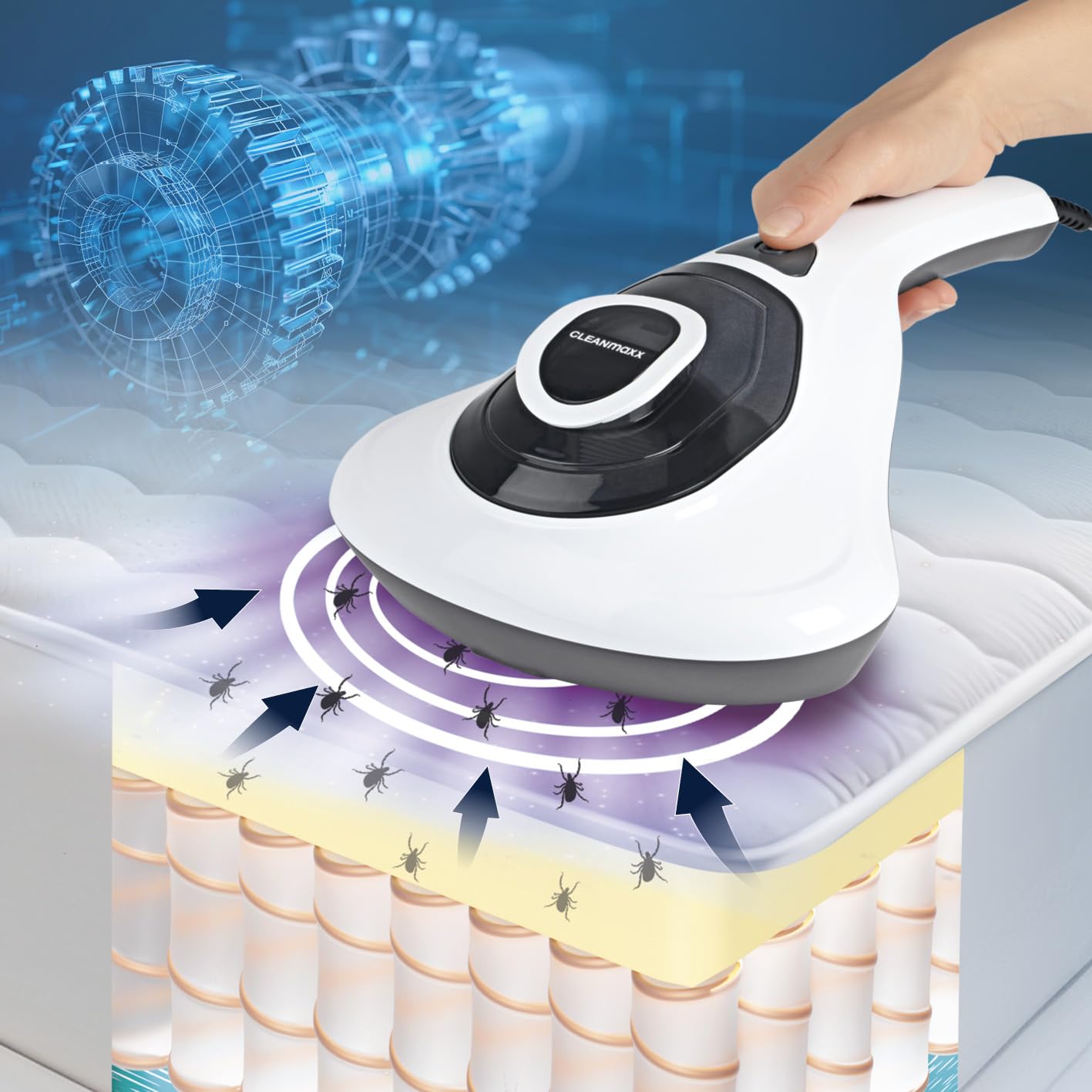 CLEANmaxx Aspirador antiácaros con vibración, aspiradora antiácaros para colchones y Superficies de Revestimiento, Elimina el 99,9% de los ácaros, aspiradora de Mano con luz UV-C y Filtro HEPA para
