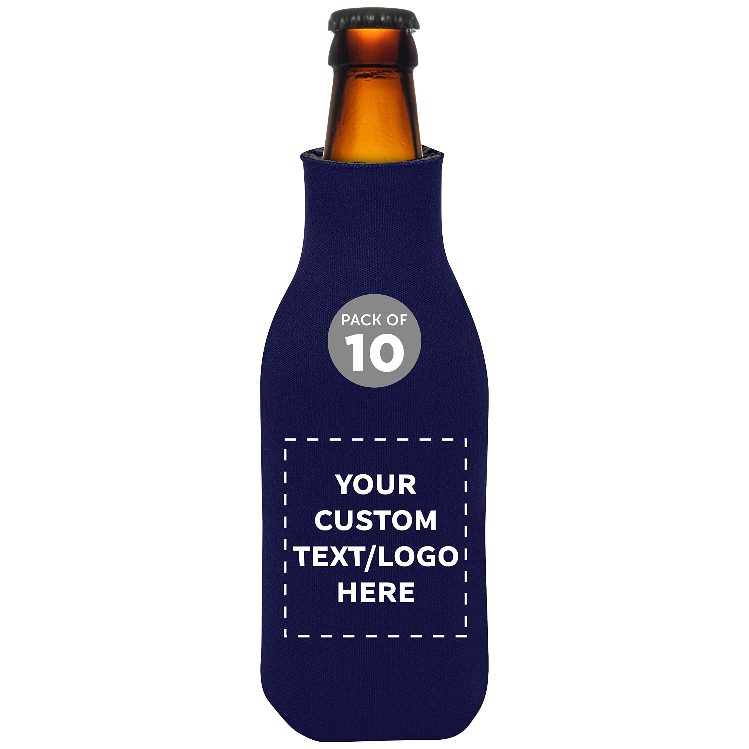 Custom Zipper Beer Bottle Insulators Set of 10, Personalized Bulk Pack - Keeps Your Drink Cooler, Great for Beer, Soda, Other Beverages - Navy Blue