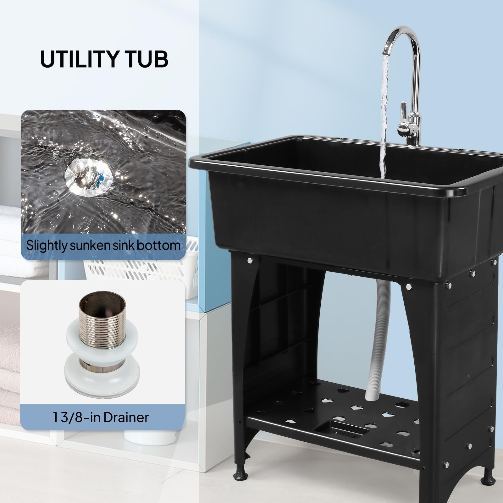 20 Gallon Plastic Utility Sink With Faucet ROVSUN 20-Gallon Black Utility  Sink With Hot/Cold Faucet - Perfect For Laundry, Garage \u0026 Garden Use Garage Utility  Sink, image size:1600x1600