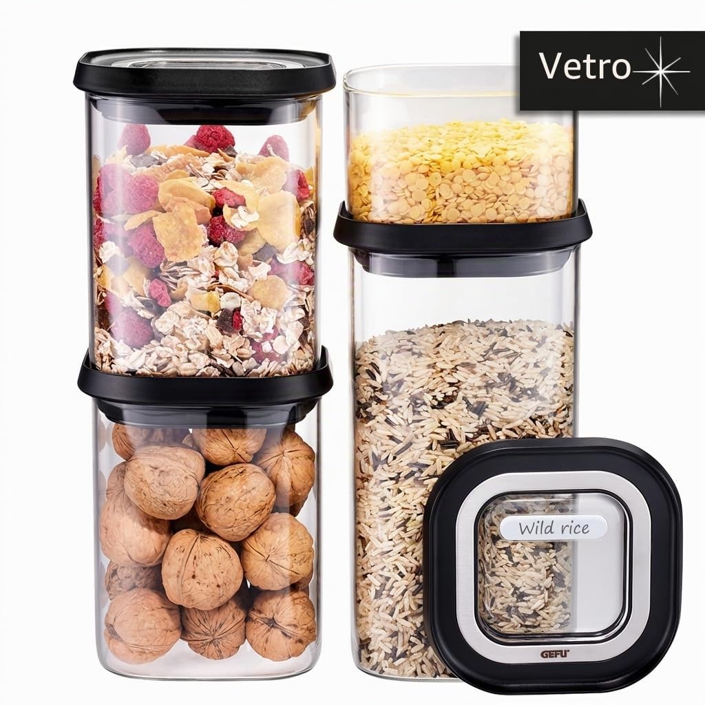 GEFU Set di contenitori PANTRY – Coperchio ermetico per alimenti, contenitori in vetro, lavabili in lavastoviglie, 4 pezzi