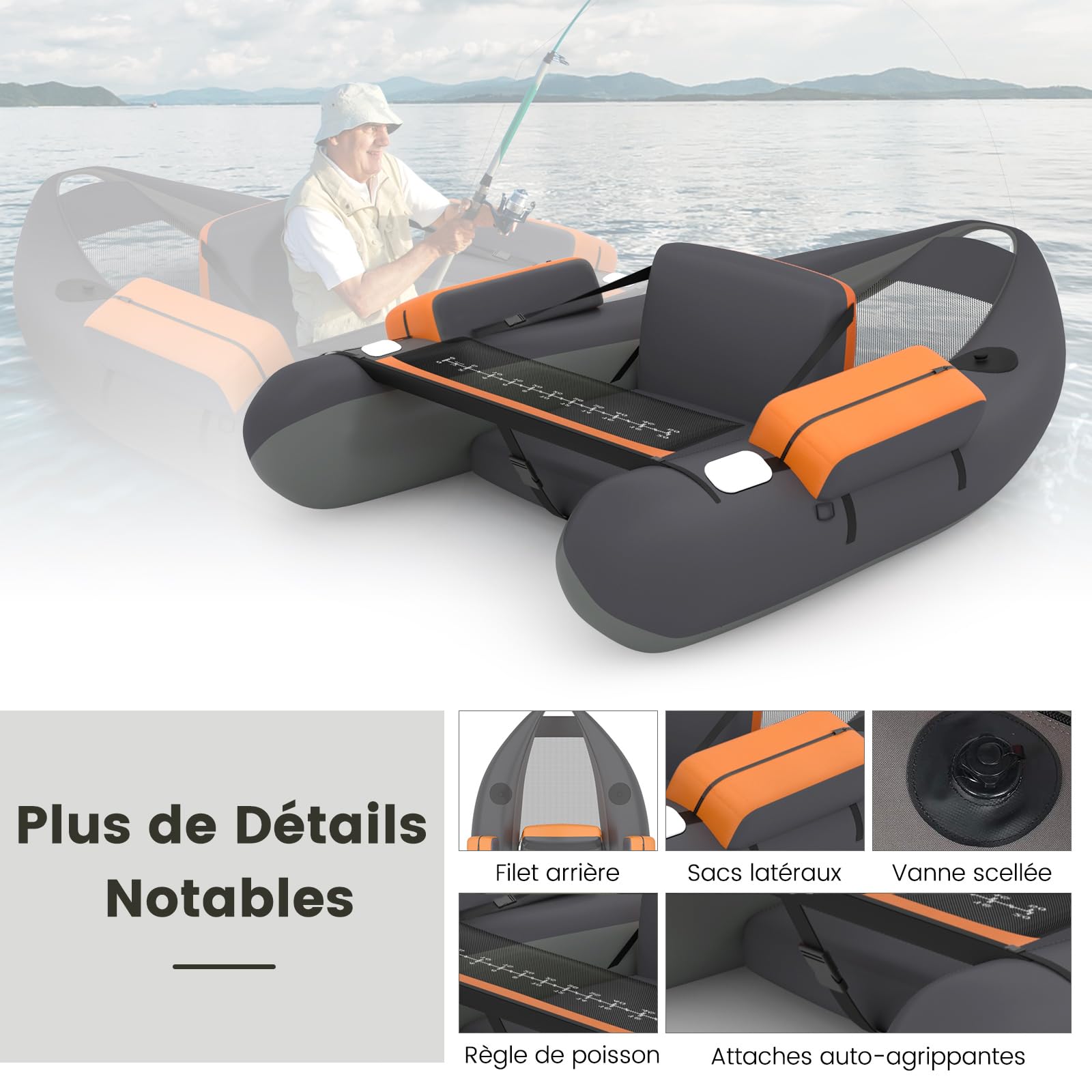 COSTWAY Bateau de Pêche Gonflable avec Sangles Ajustables Palmes et Pagaies en Aluminium, Bateau Gonflable avec Poches de Rangement, Crochet à Poisson, Capacité de Charge de 160 KG