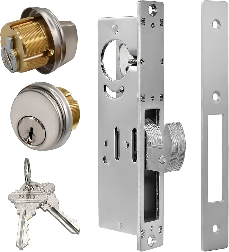 Storefront Door Lock Commercial Mortise Hook Bolt, Solid Brass Cylinder with Key &amp; Thumbturn Direct Replacement for Adams Rite Aluminum Narrow Stile Doors (Sliver, 1-1/8" Hookblot)