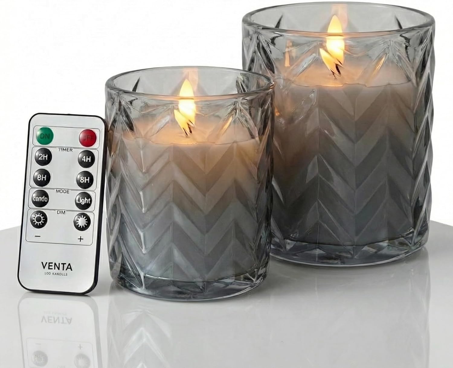VENTA LED Candles 2 Pack - Grey Hobnail Glass Flameless Candles with Remote and Timer - Realistic Flickering Battery Operated Pillars - Vintage Diamond Texture for Home Decor (Grey Hobnail Glass)