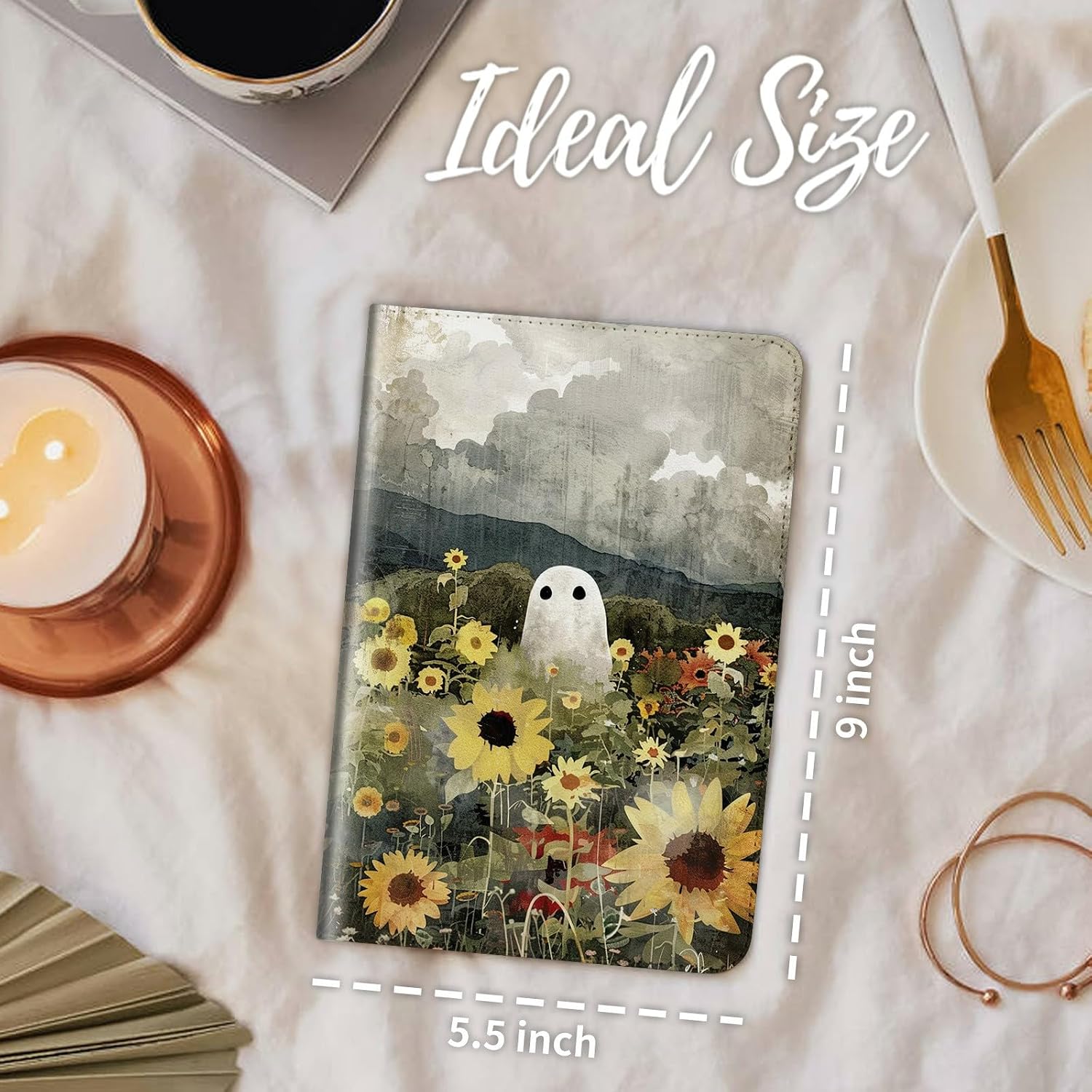 Server Books for Waitress, Waitress Book with Elastic Bandage Closure PU Leather Organizer with Zipper Money Pocket Fit Server Apron, Sunflower Ghost