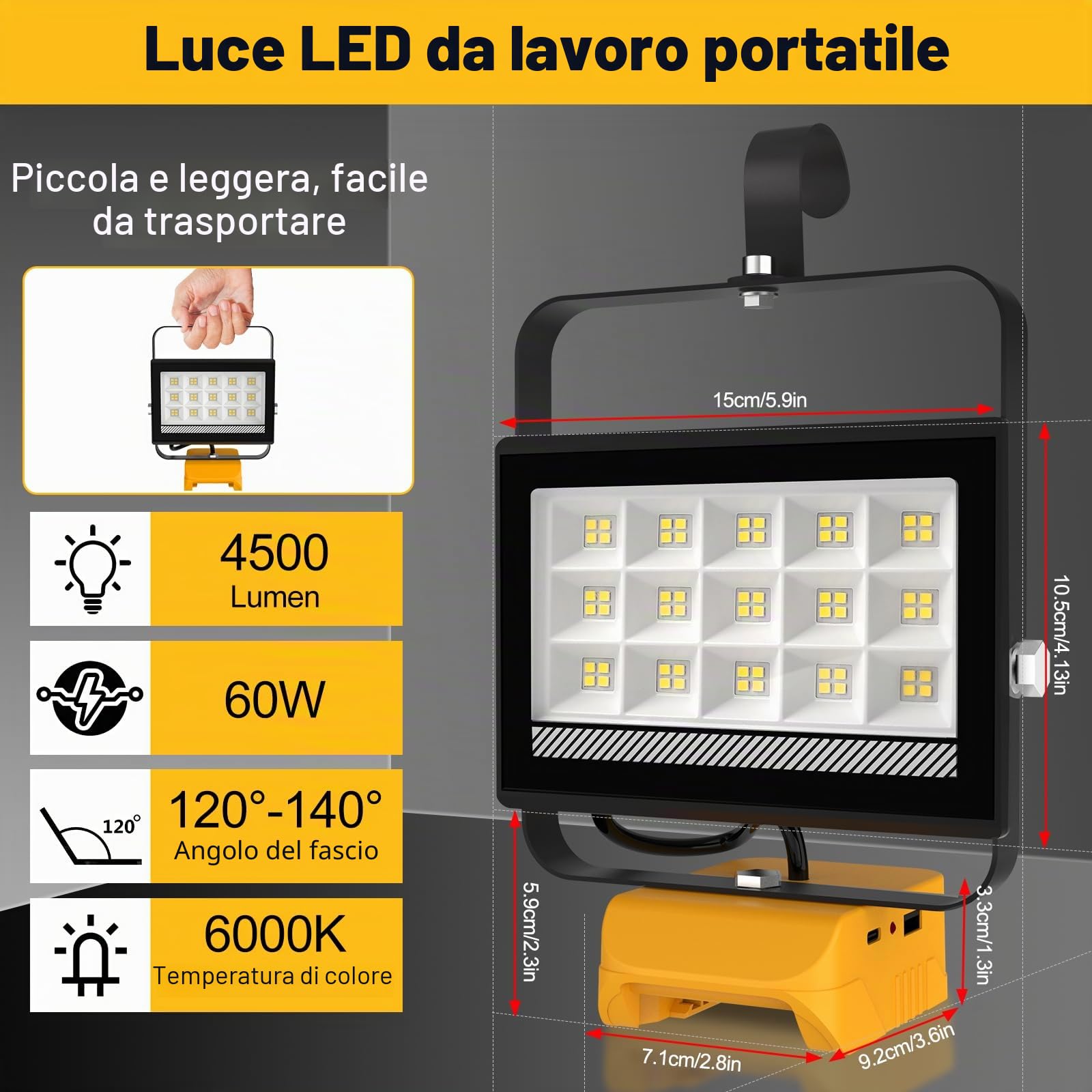 T-SUN Faro LED Ricaricabile Compatibile con Batteria Dewalt 18V, 60W 4500LM Luci da Lavoro Portatili Ricaricabili Lampada da Lavoro per Campeggio, Lavoro, Pesca, Emergenza (Senza Batteria)