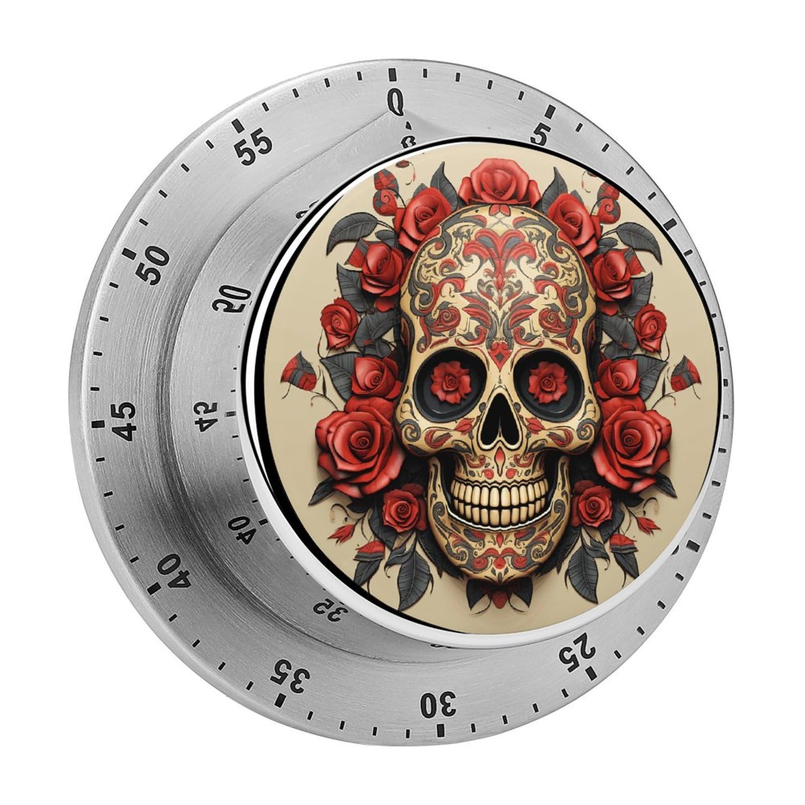 Red Rose Sugar Skull Kitchen Timer Chef Cooking Timers Clock with Loud Alarm Exquisite Stainless Steel Mechanical