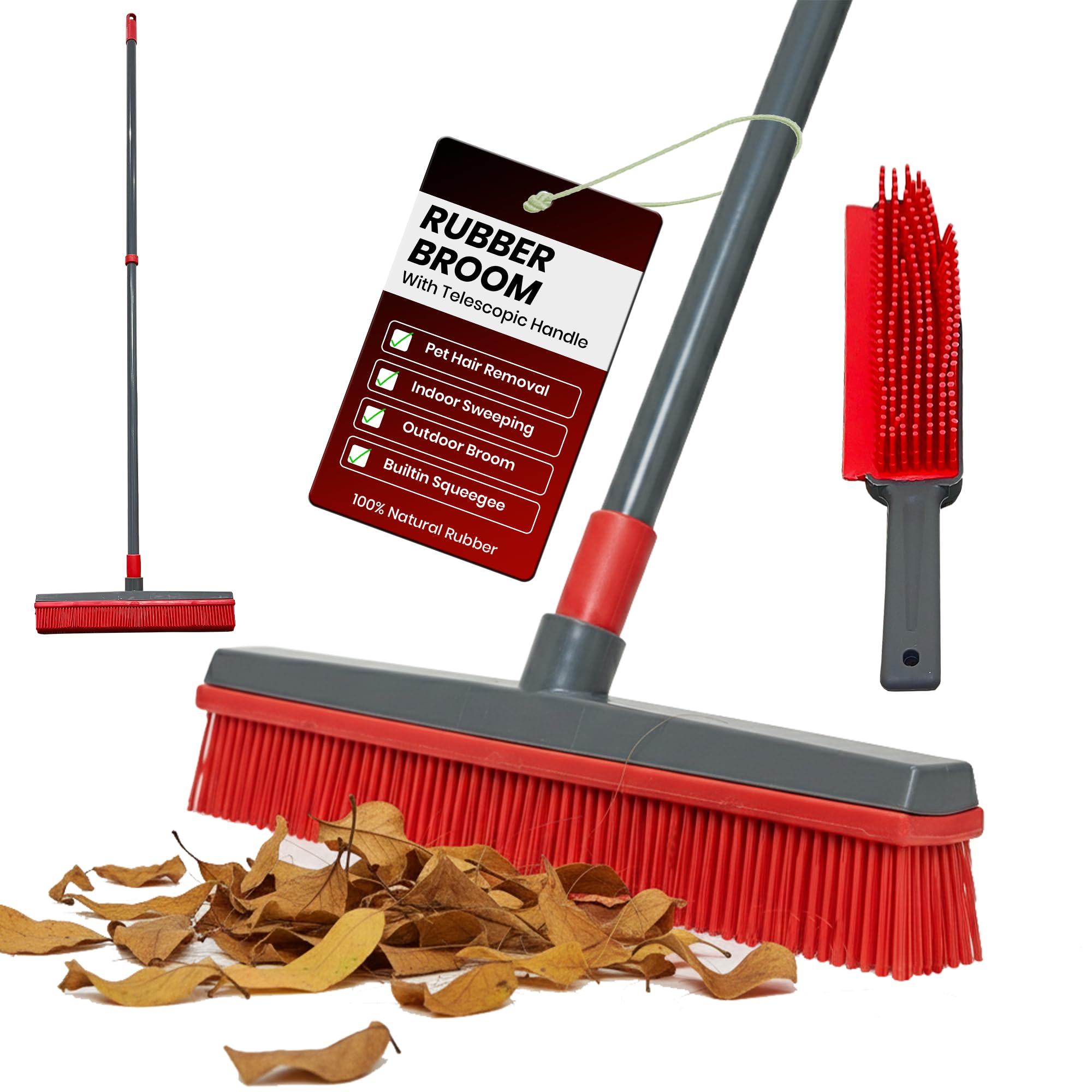 MEOWN Rubber Broom with Telescopic Handle, Pet Hair Remover for Carpets Rugs and Hard Floors, Rubber Bristle Floor Brush for Laminate Tile Patio and Wet and Dry Indoor Outdoor Cleaning