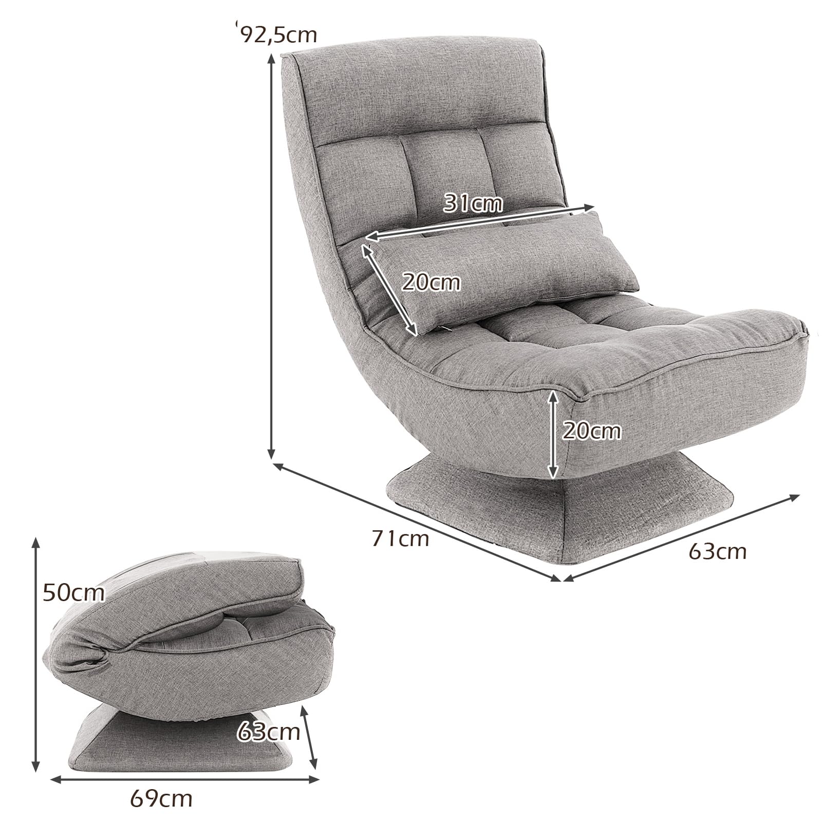 RELAX4LIFE Chaise de Sol Pliable Réglable en 5 Positions, Fauteuil au Sol à 360° et Cadre en Fer Robuste,Chaise de Meditation pour Lire, Reposer (Gris | Style 2)