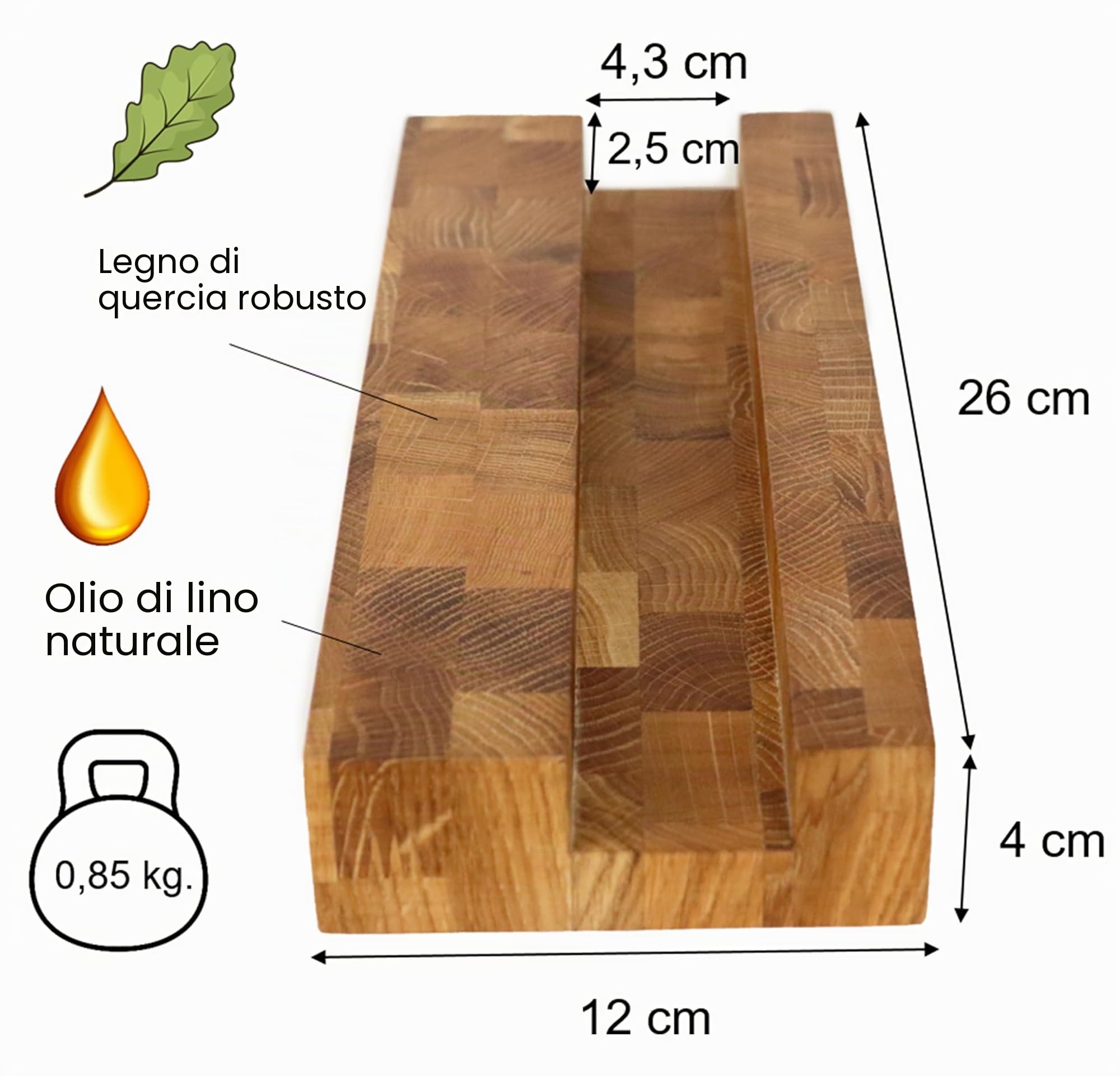 B4K Tagliere in Legno di Quercia con Supporto 40x30x4cm | Legno di Cervello Massiccio, Antibatterico, Con Manici e Scanalatura, Piedini in Silicone, Per Cucina, Carne e Barbecue
