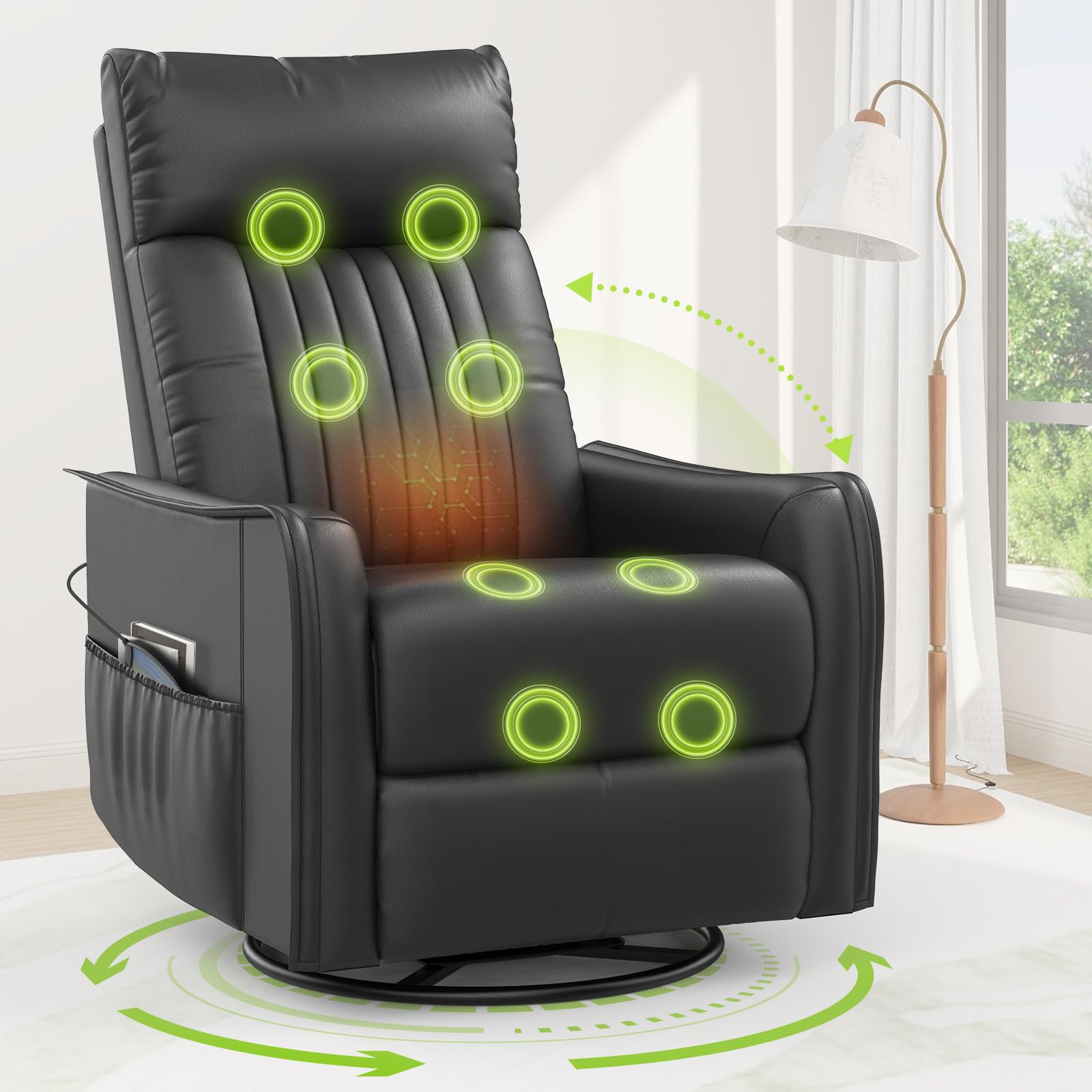 sisolos Fernsehsessel Massagesessel mit Liegefunktion, Relaxsessel mit Wärme und Massage, 360°Drehbarer TV Sessel Wohnzimmer, Schaukelstuhl mit Gepolsterte Kopfstütze, 2 Seitentaschen