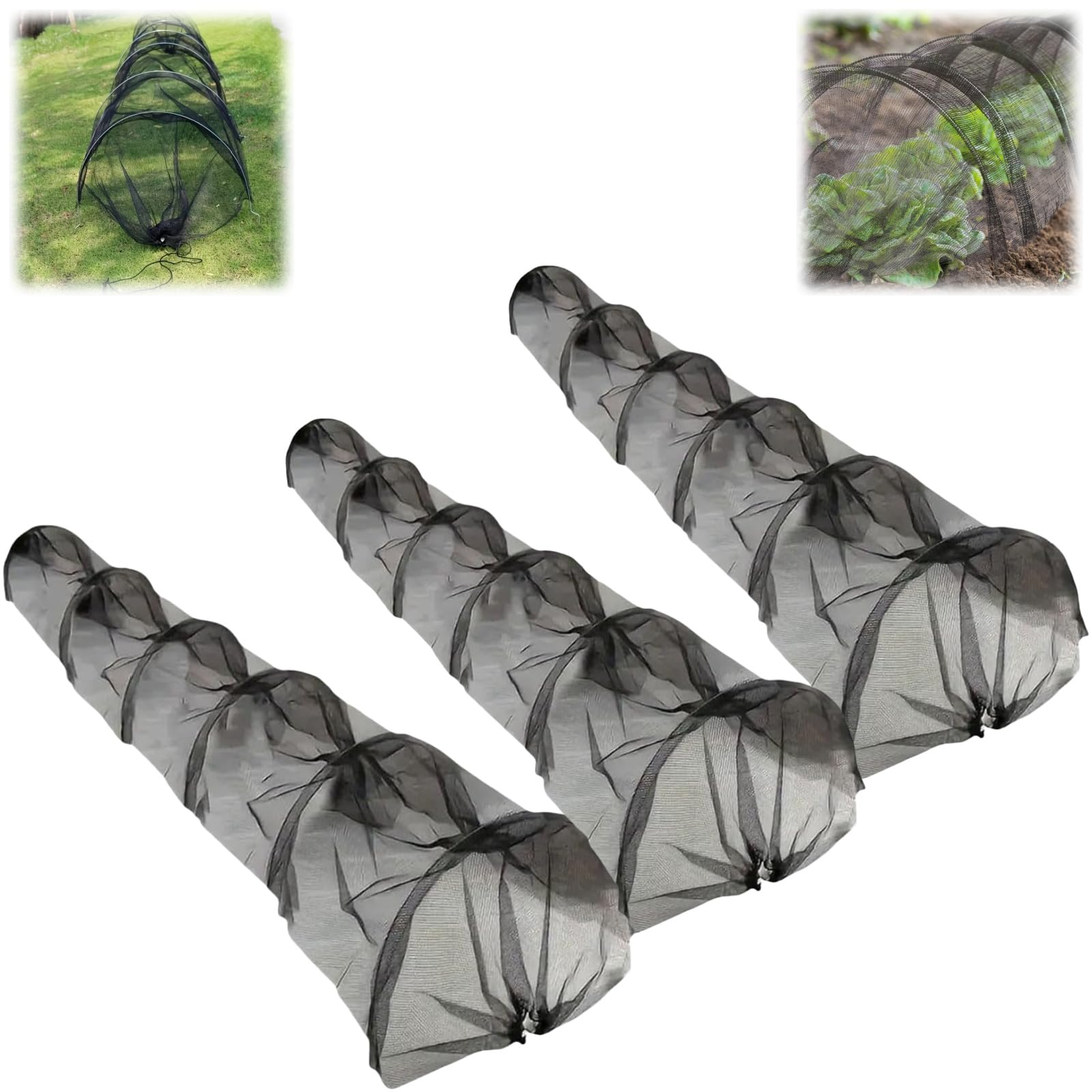 Générique Tunnel de Plantation agricole 300 x 45 x 45 cm en Plastique Noir avec Filet pour Jardin Potager Protection Contre Le Gel Serre sans Support,Filet Tunnel Jardin Potager(3 PCS)