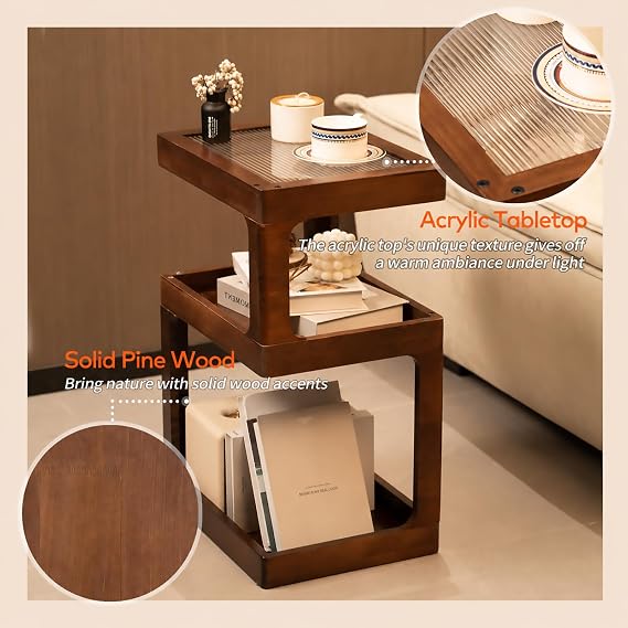 Solid Wood End Table, 3-Tier Small Side Table with Fluted Acrylic Top, Rectangular Geometric Retro Accent Table with Open Storage for Small Spaces, Living Room, Bedroom, 100% Pine, Brown