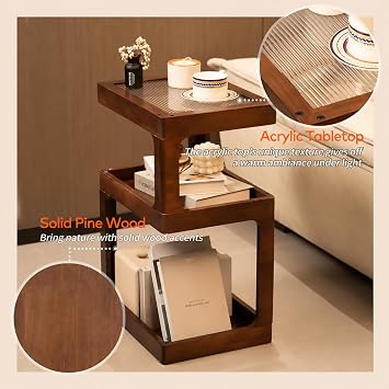 Solid Wood End Table, 3-Tier Small Side Table with Fluted Acrylic Top, Rectangular Geometric Retro Accent Table with Open Storage for Small Spaces, Living Room, Bedroom, 100% Pine, Brown