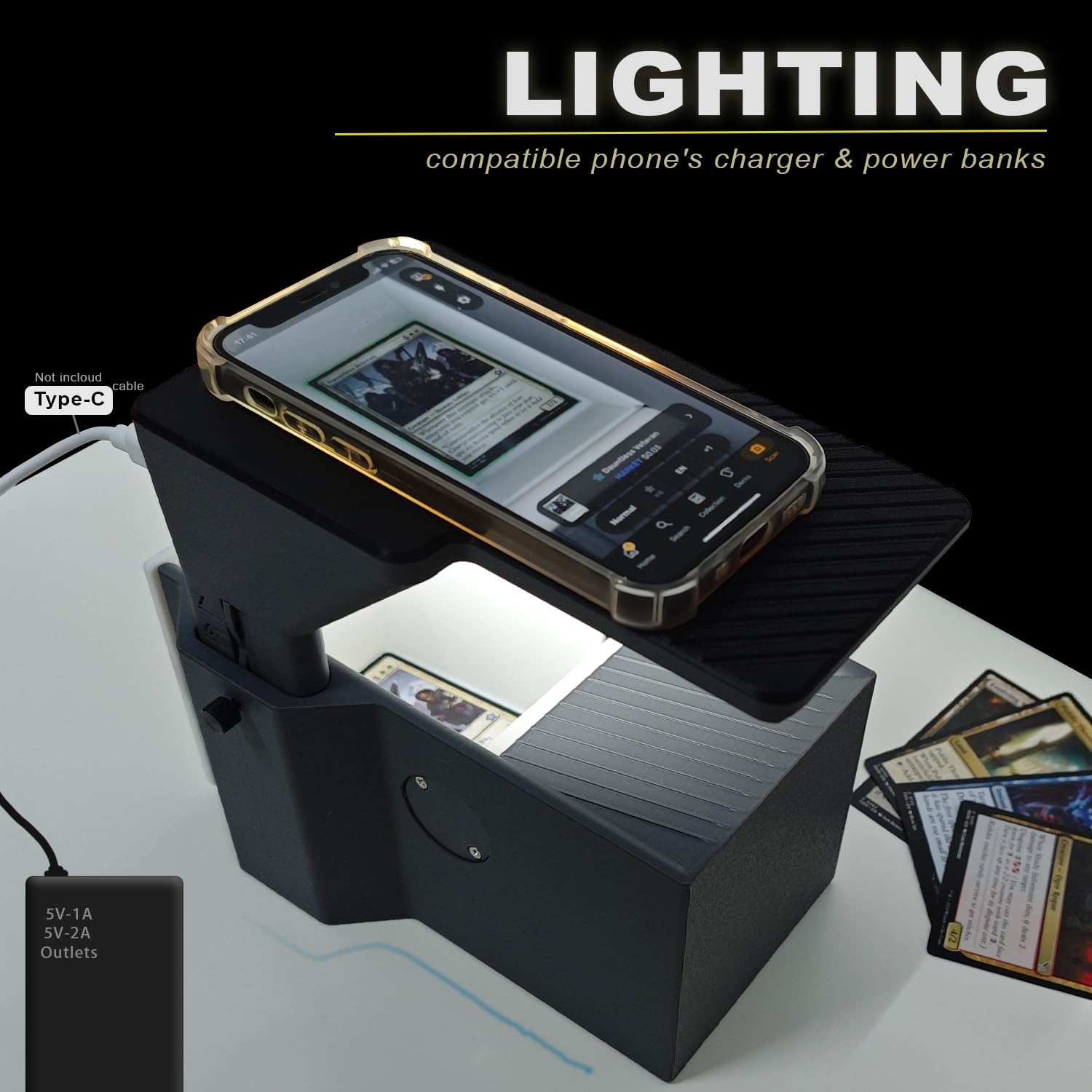 MTG Card Scanner Stand for Unsleeved Standard Size Cards - Pro - Efficiently Scan Trading Cards - Quick MTG Card Price with ManaBox & TCG Scanner for ManaBox Users, Dark Gray, Lighting