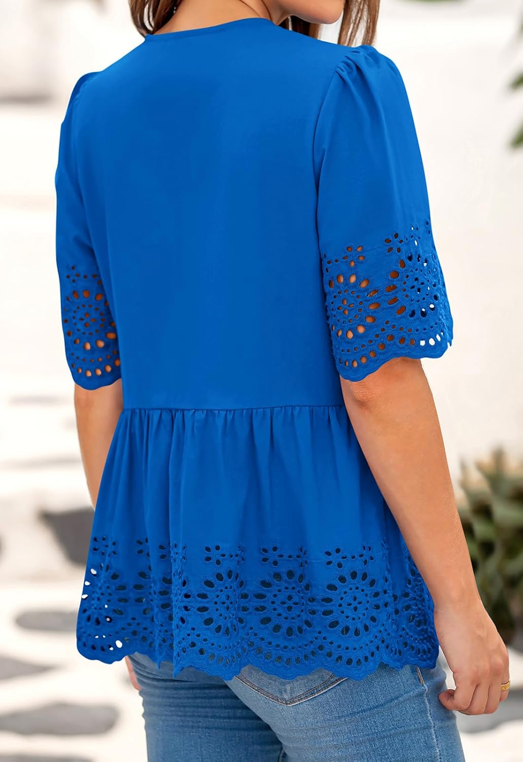 PRETTYGARDEN Tie Front Peplum Tops for Women Summer Y2K Short Sleeve Babydoll Cute Going Out Top Eyelet Blouse Shirt - Image 2