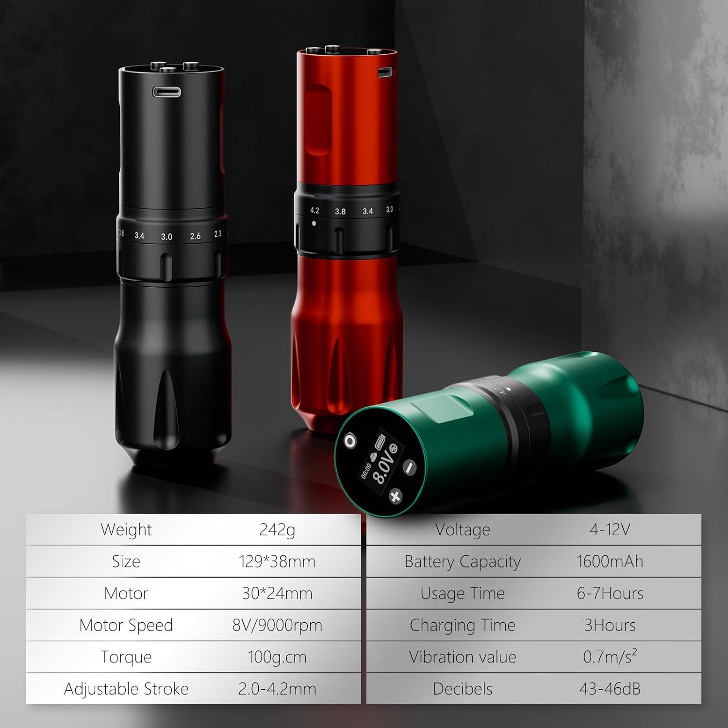 Kiss of Dragon Tattoo Gun Cordless Tattoo Machine, Rotary Adjustable Stroke Tattoo Pen with 1600 mAh Battery