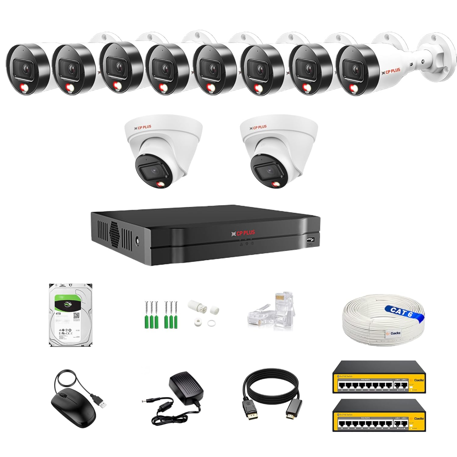CP Plus IP illumax 16 CH AI NVR, 4MP 2 Dome & 8 Bullet IP Cameras [Color Night Vision + Built-in Audio MIC + Smart Dual Light + Motion Detection] + 4TB HDD + 8+2 POE Switch 2 Nos + CAT 6 Cable Combo