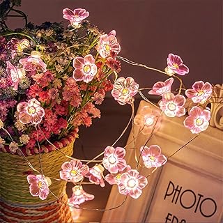 JZK 3m Warm White led Pink Flower String Light Solar Powered Silver Copper Wire Fairy Lights Waterproof Outdoor Garden Decorative Light for Christmas Party Wedding Decoration Bedroom Ornament