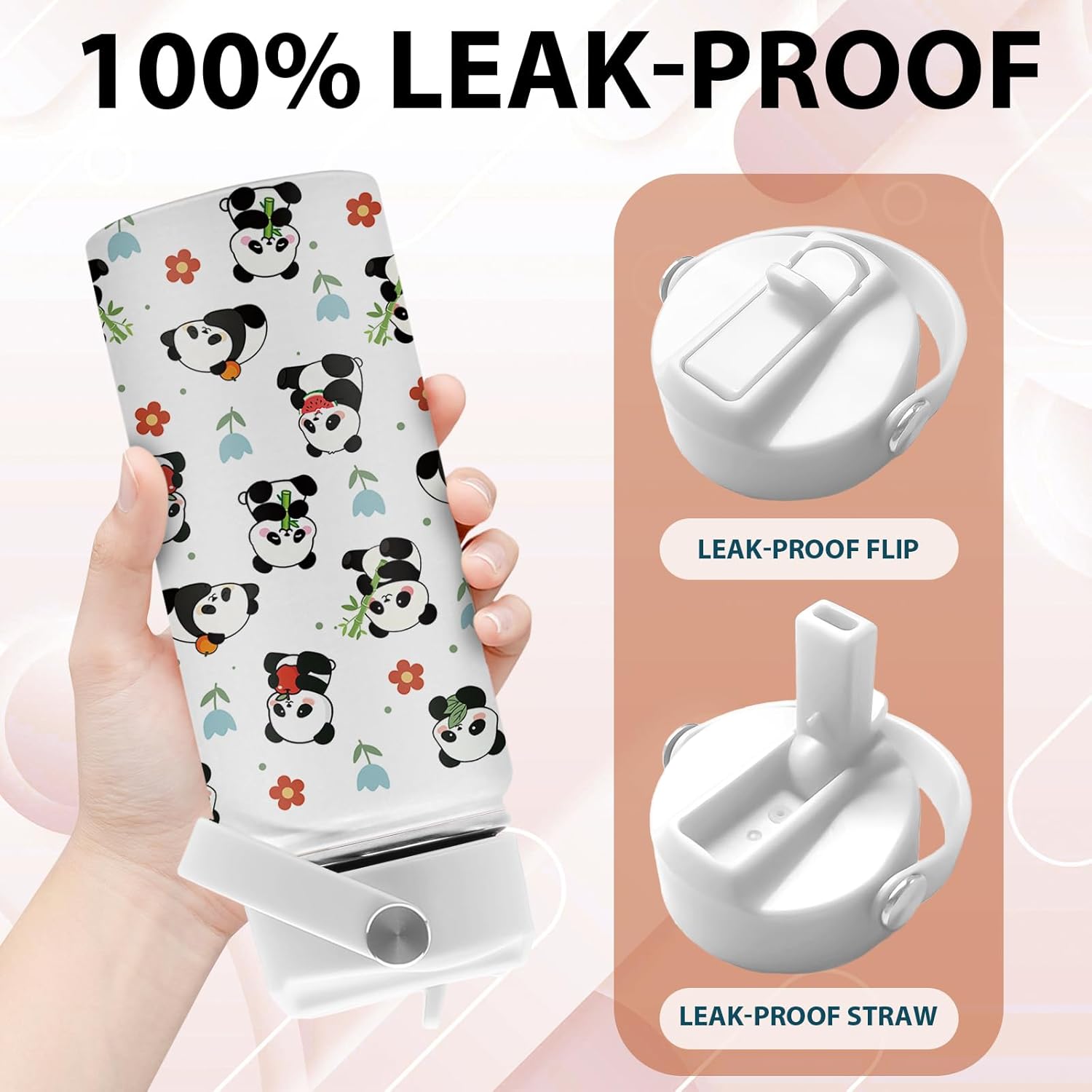 Panda Gifts for Girls Boys, 16 oz Water Bottle with Straw Lid, Panda Water Bottle, Stainless Steel Insulated Tumbler, Cute Animals Cups, Birthday Christmas Gifts for Animal Lovers - Image 3