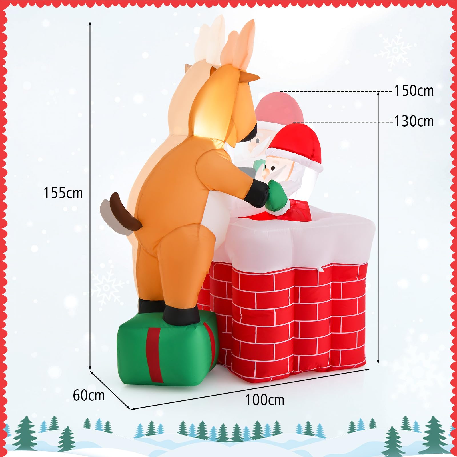 COSTWAY 155cm Aufblasbare Weihnachtsdeko höhenverstellbar, LED Weihnachtsmann und Rentier Weihnachtsdekoration aufblasbar draußen, Weihnachten Deko für Hof, Garten und Rasen