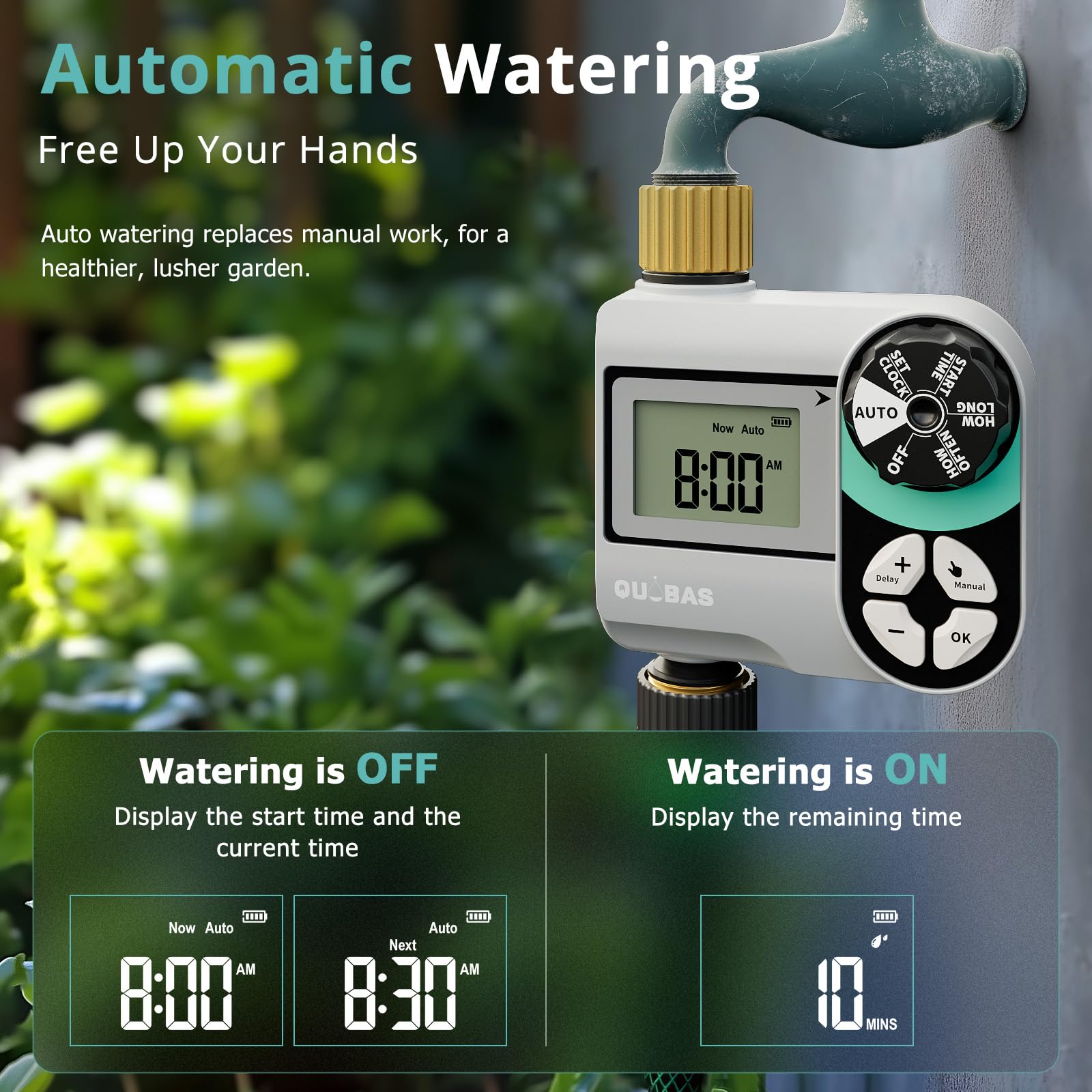 QUOBAS Irrigatore Timer per tubo da giardino, programmabile digitale in ottone con ritardo pioggia / automatico / manuale 3 modalità, piscina, prato, sistema di irrigazione a goccia, alimentato a