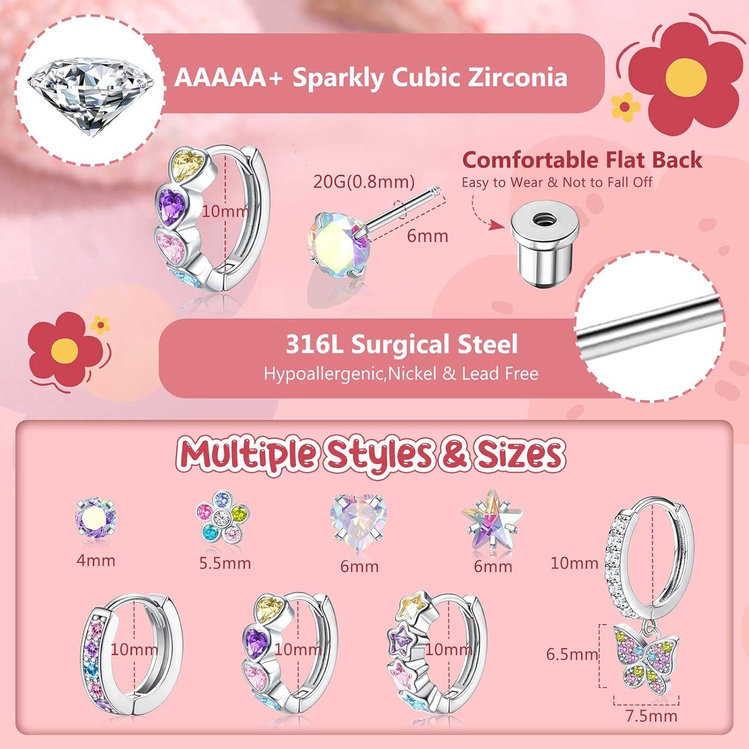 Jstyle Hypoallergenic Earrings for Girls Women Surgical Stainless Steel Hoop Earrings for Sensitive Ears Screw Back Stud Earrings Set Cute Girls Toddler Earrings Kids Earrings Jewelry for Teen Girls - Image 5