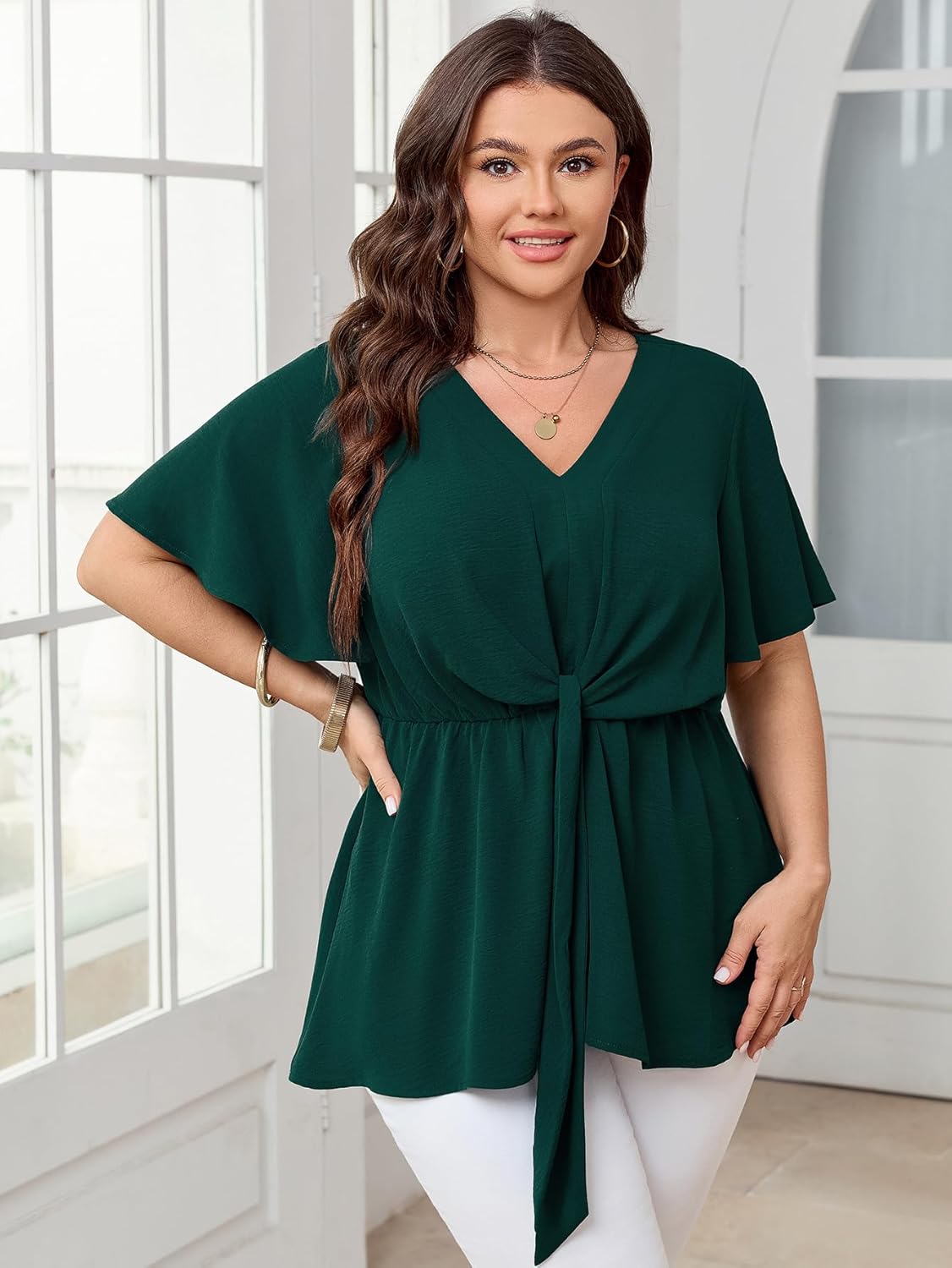 SCOMCHIC 2024 Women's Plus Size Peplum Tops Elegant V Neck Tie Front Bell Sleeve Flowy Blouses Shirts - Image 4